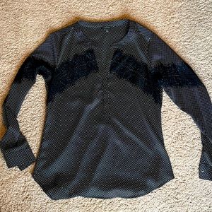 Ann Taylor Polyester Polka Dot Blouse with Lace Insert